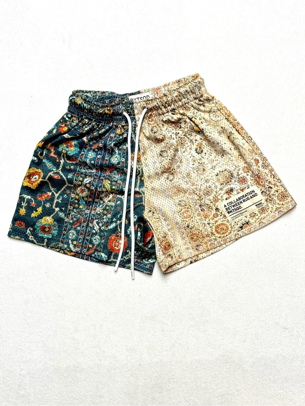 Paisley Split-Panel Athletic Shorts - Teal & Cream